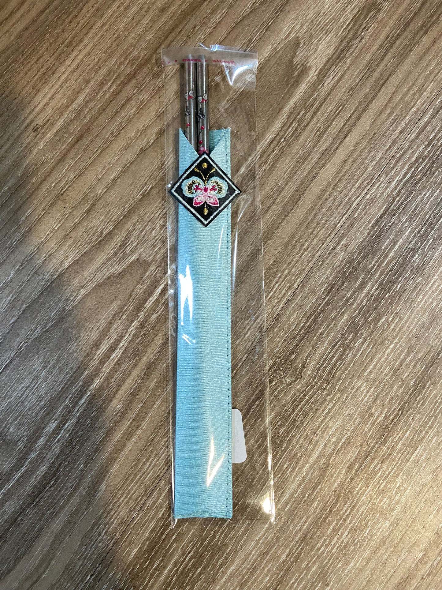 Korea cherry blossom metal chopsticks with sleeve