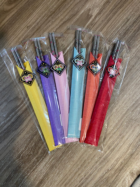 Korea cherry blossom metal chopsticks with sleeve