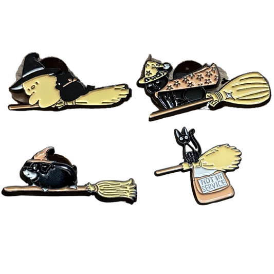 Spooky pets on broom pins